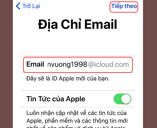Bước 4: Chọn Nhận email iCloud miễn phí -> Nhập tên tài khoản email bạn muốn tạo -> Chọn Tiếp theo.